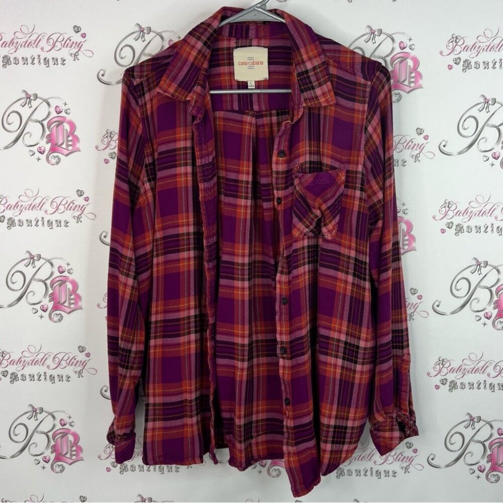 Casa cabana button up plaid picnic red pink Purple Plaid Button-Up Shirt